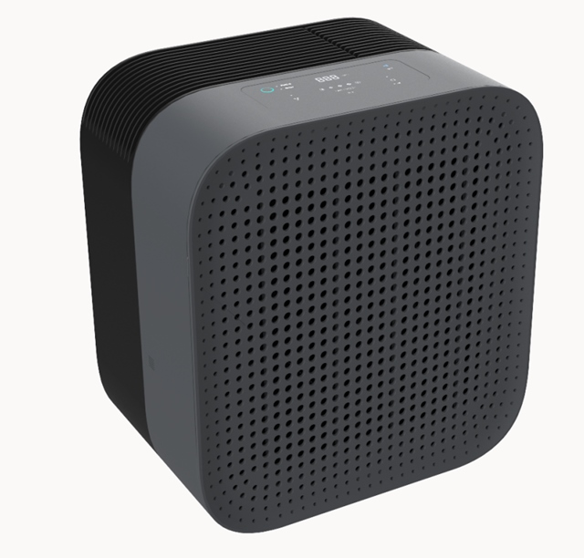 A black square speaker with holesAI-generated content may be incorrect.